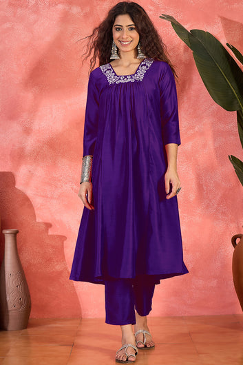 Womens Purple Chinon Silk Embroidered Kurta Set with Dupatta