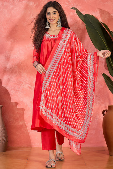 Womens Red Chinon Silk Embroidered Kurta Set with Dupatta