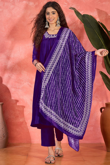 Womens Purple Chinon Silk Embroidered Kurta Set with Dupatta