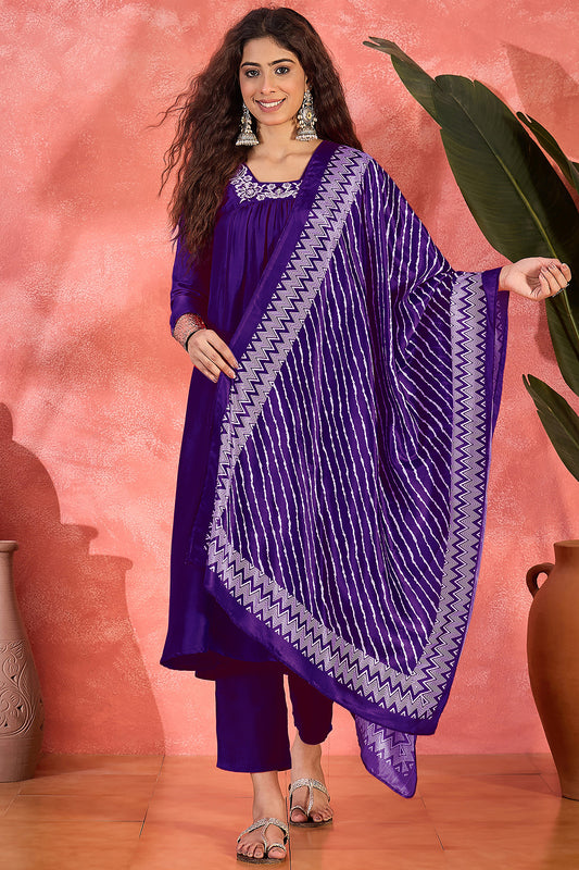 Womens Purple Chinon Silk Embroidered Kurta Set with Dupatta