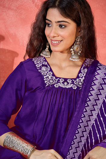 Womens Purple Chinon Silk Embroidered Kurta Set with Dupatta