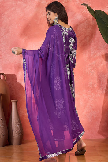 Womens Violet Chinon Silk Floral Printed A-Line Kurta Set with Dupatta