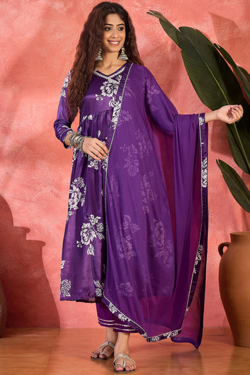 Womens Violet Chinon Silk Floral Printed A-Line Kurta Set with Dupatta