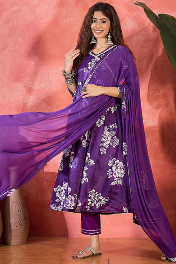 Womens Violet Chinon Silk Floral Printed A-Line Kurta Set with Dupatta