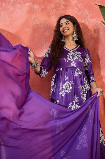 Womens Violet Chinon Silk Floral Printed A-Line Kurta Set with Dupatta