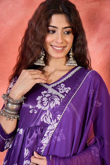 Womens Violet Chinon Silk Floral Printed A-Line Kurta Set with Dupatta