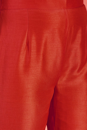 Womens Red Chinon Silk Embroidered Kurta Set with Dupatta