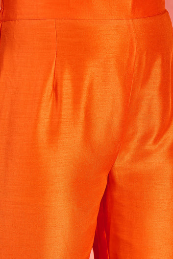 Womens Orange Chinon Silk Embroidered Kurta Set with Dupatta