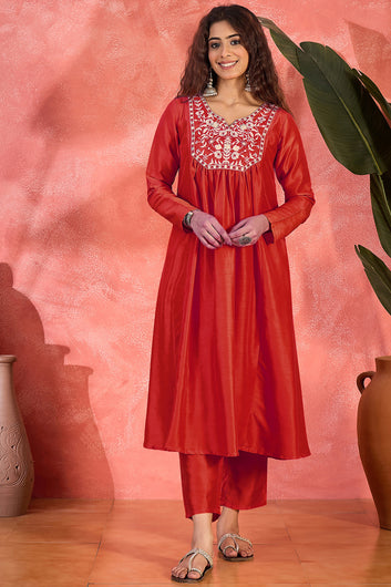 Womens Red Chinon Silk Embroidered Kurta Set with Dupatta
