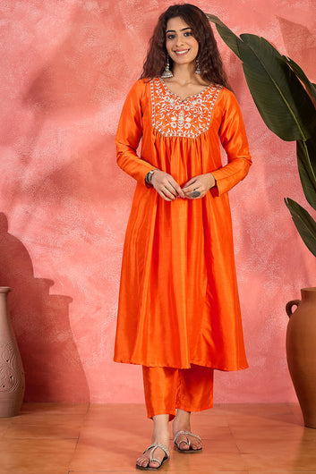 Womens Orange Chinon Silk Embroidered Kurta Set with Dupatta