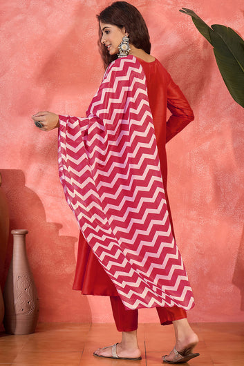 Womens Red Chinon Silk Embroidered Kurta Set with Dupatta