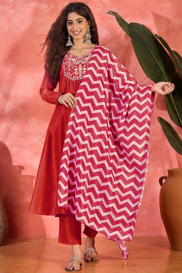 Womens Red Chinon Silk Embroidered Kurta Set with Dupatta