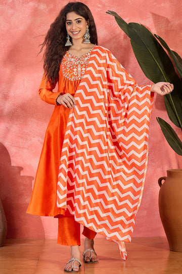 Womens Orange Chinon Silk Embroidered Kurta Set with Dupatta