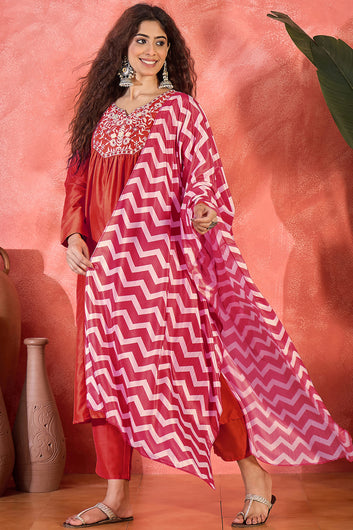 Womens Red Chinon Silk Embroidered Kurta Set with Dupatta