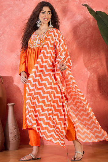 Womens Orange Chinon Silk Embroidered Kurta Set with Dupatta