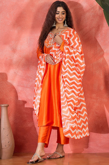 Womens Orange Chinon Silk Embroidered Kurta Set with Dupatta