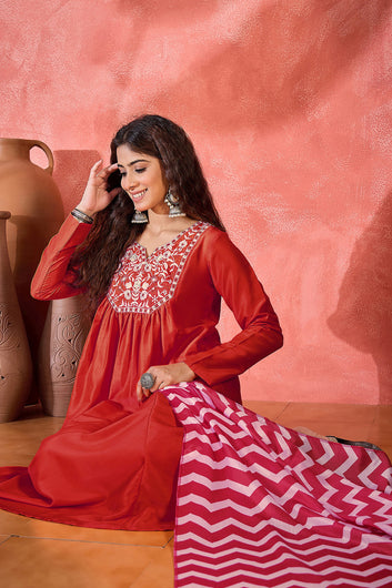 Womens Red Chinon Silk Embroidered Kurta Set with Dupatta