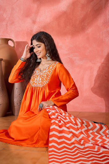 Womens Orange Chinon Silk Embroidered Kurta Set with Dupatta