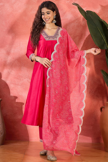 Womens Pink Chinon Silk Embroidered Kurta Set with Dupatta