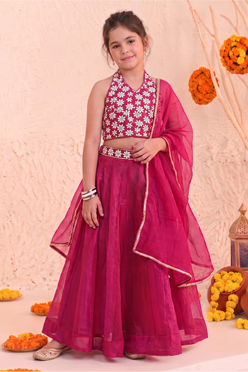 Girls Rani Silk Blend Embroidered Lehenga Choli Dupatta Girls Ethnic Festive Wear Set