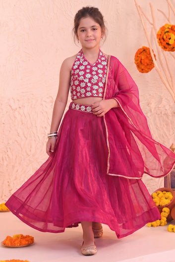 Girls Rani Silk Blend Embroidered Lehenga Choli Dupatta Girls Ethnic Festive Wear Set