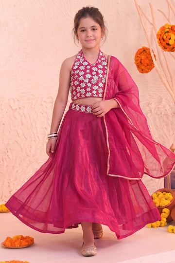 Girls Pista Green Georgette Embroidered Lehenga Choli Dupatta Girls Ethnic Festive Wear Set