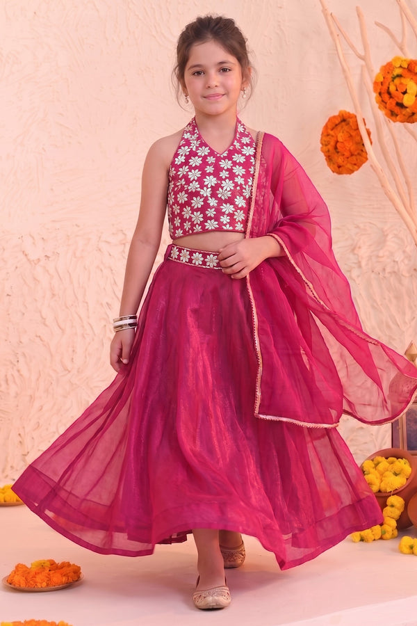 Girls Rani Georgette Embroidered Lehenga Choli Dupatta Girls Ethnic Festive Wear Set