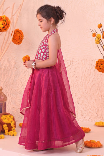 Girls Rani Silk Blend Embroidered Lehenga Choli Dupatta Girls Ethnic Festive Wear Set