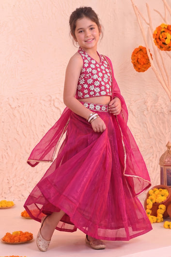 Girls Rani Silk Blend Embroidered Lehenga Choli Dupatta Girls Ethnic Festive Wear Set