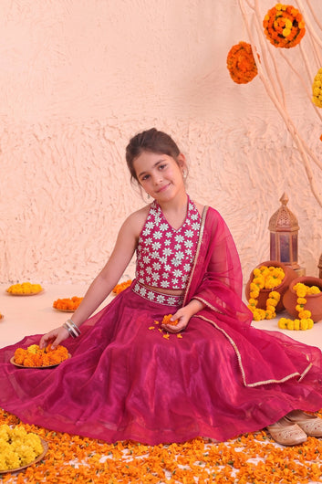 Girls Rani Silk Blend Embroidered Lehenga Choli Dupatta Girls Ethnic Festive Wear Set