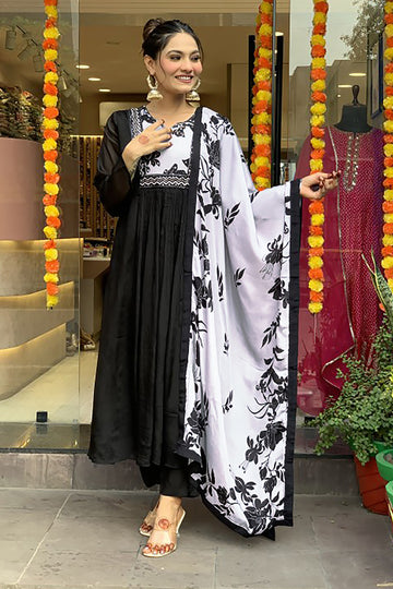 Womens Black Chinon Silk Printed Kurta Set with Dupatta
