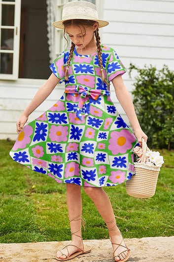 Girls Multicolor Cotton Blend Knee Length Printed Fit and Flared Dress