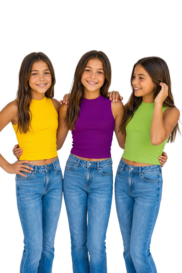 Girls Muticolor Rib Solid, Crew Neck 3-Piece Crop Top Girls Causal Top