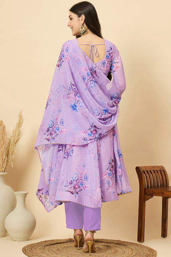Womens Violet Georgette Floral Printed A-Line Kurta Set with Dupatta