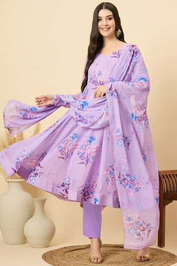Womens Violet Georgette Floral Printed A-Line Kurta Set with Dupatta