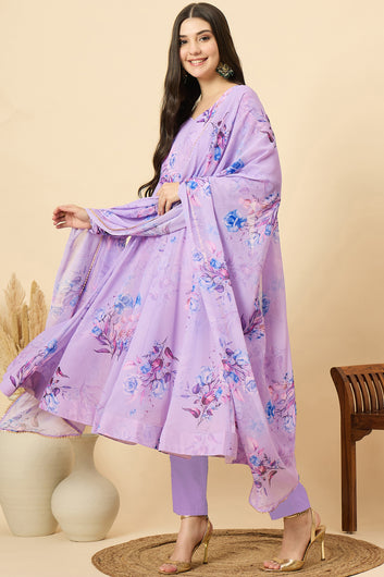 Womens Violet Georgette Floral Printed A-Line Kurta Set with Dupatta