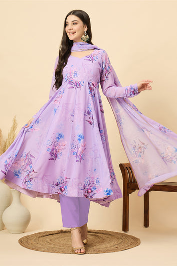 Womens Violet Georgette Floral Printed A-Line Kurta Set with Dupatta