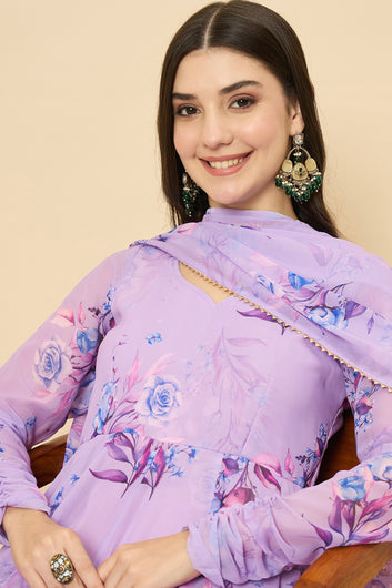 Womens Violet Georgette Floral Printed A-Line Kurta Set with Dupatta