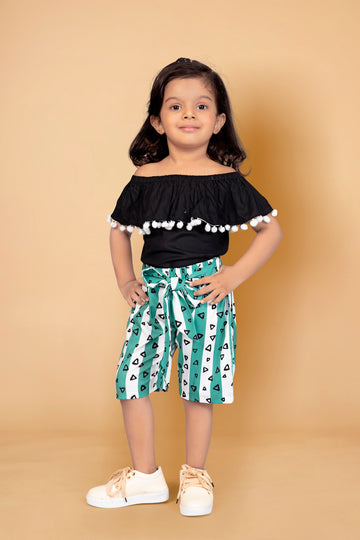 Toddler Girl's Off-Shoulder Pompom Flounced Top and Printed Short Set