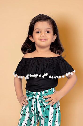 Toddler Girl's Off-Shoulder Pompom Flounced Top and Printed Short Set