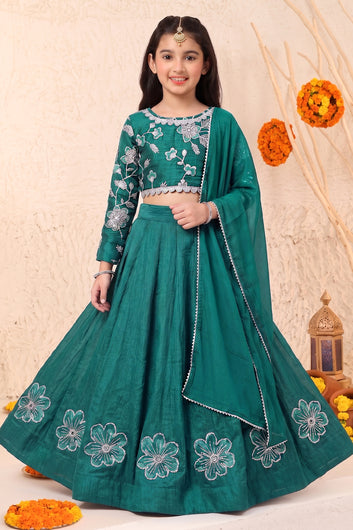 Girl's Green Silk Blend Embroidered Choli and Flared Lehenga With Dupatta For Traditional Wear