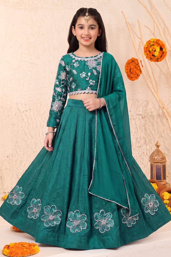 Girl's Green Silk Blend Embroidered Choli and Flared Lehenga With Dupatta For Traditional Wear