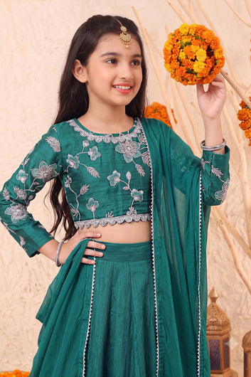Girl's Green Silk Blend Embroidered Choli and Flared Lehenga With Dupatta For Traditional Wear