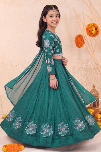 Girl's Green Silk Blend Embroidered Choli and Flared Lehenga With Dupatta For Traditional Wear