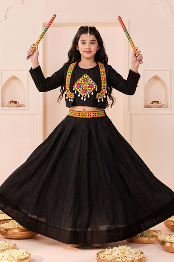 Girls Black Silk Blend Embroidered Lehenga And Choli with Koti For Festive Look