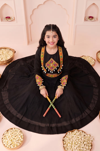 Girls Black Silk Blend Embroidered Lehenga And Choli with Koti For Festive Look
