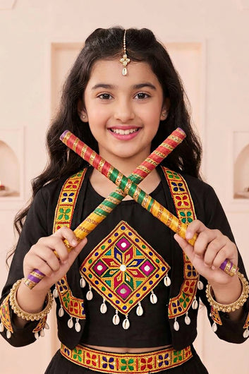Girls Black Silk Blend Embroidered Lehenga And Choli with Koti For Festive Look