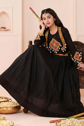 Girls Black Silk Blend Embroidered Lehenga And Choli with Koti For Festive Look
