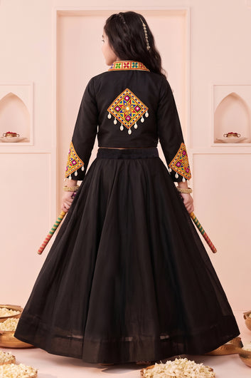 Girls Black Silk Blend Embroidered Lehenga And Choli with Koti For Festive Look