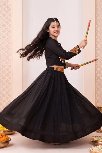 Girls Black Silk Blend Embroidered Lehenga And Choli with Koti For Festive Look